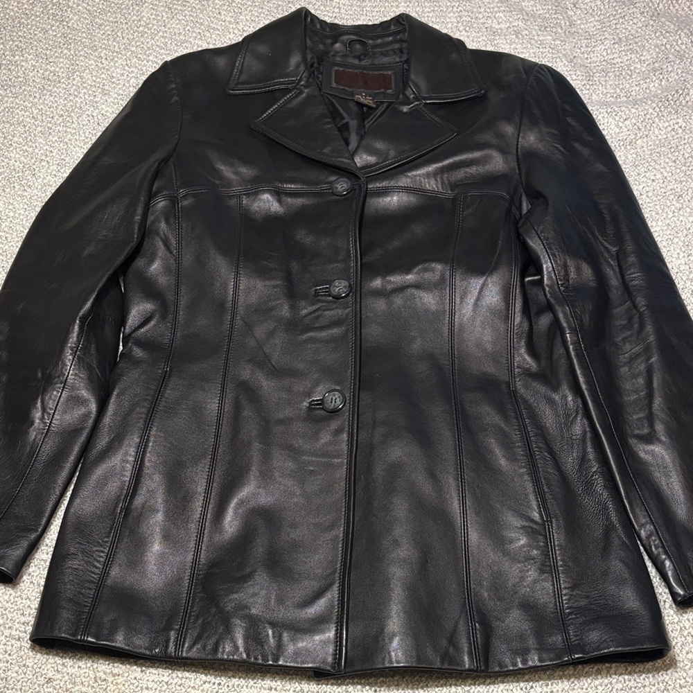 Siena Studio Black Leather Jacket Blazer Button Front with Pockets - Picture 1 of 13